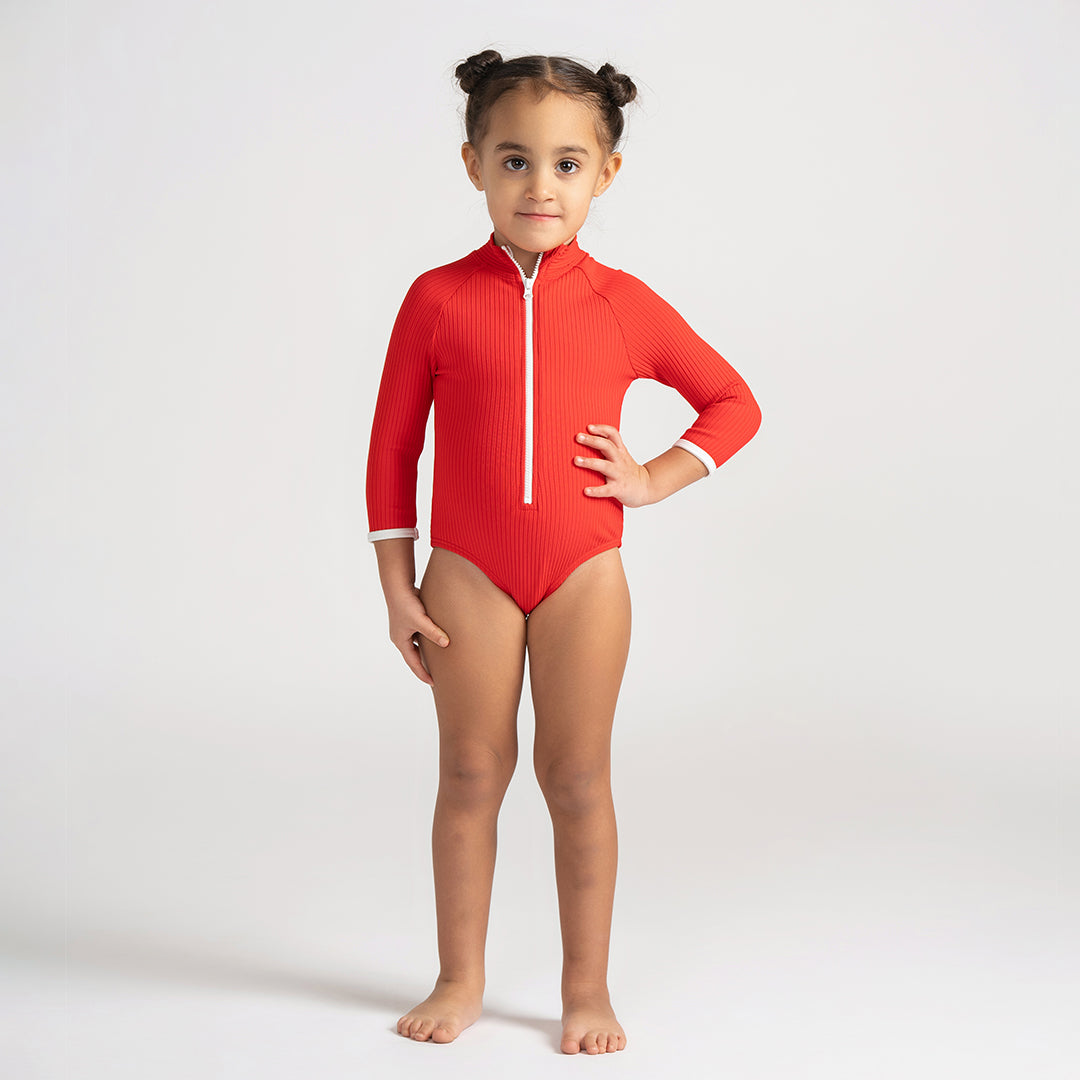 3/4 SLEEVES RIBBED TRIM BATHING SUIT