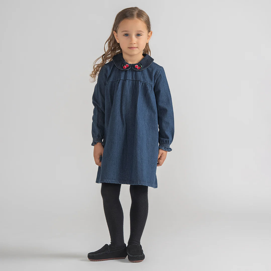 DENIM CHERRY COLLAR DRESS