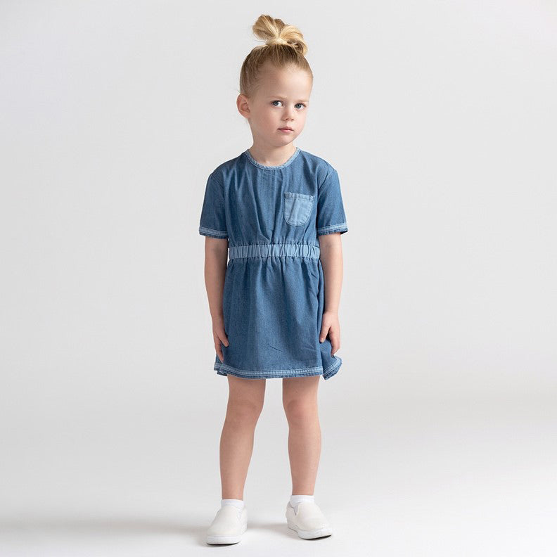 SHORT SLEEVES DENIM COLORBLOCK DRESS