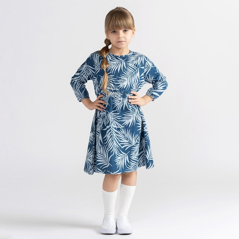 3/4 SLEEVES DENIM PALM LEAF DRESS