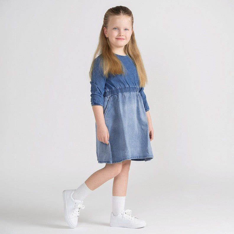 3/4 SLEEVES DENIM OMBRE WAISTED DRESS