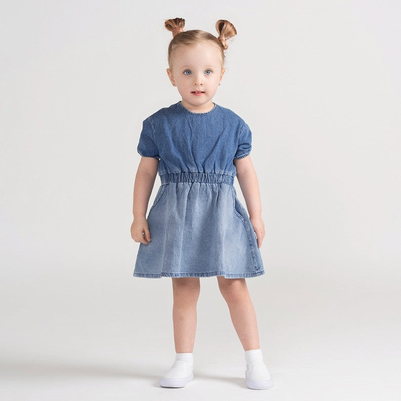 SHORT SLEEVES DENIM OMBRE WAISTED DRESS