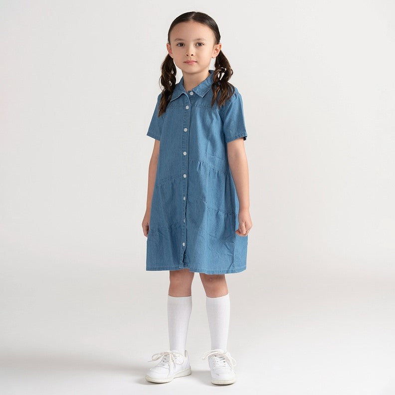 SHORT SLEEVES DENIM TIERED DRESS