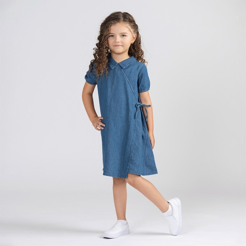 SHORT SLEEVES DENIM MOCK WRAP DRESS