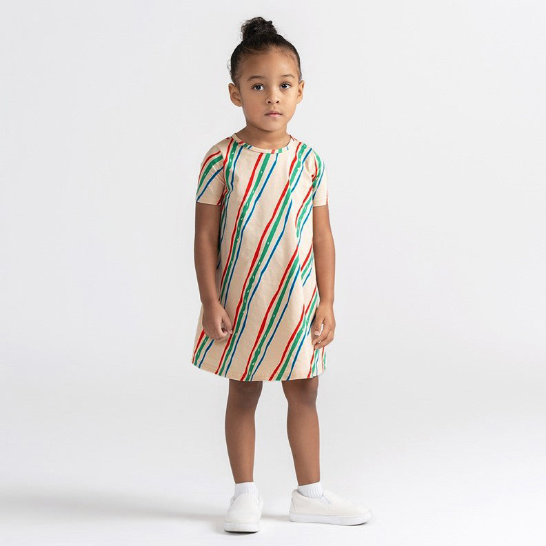 SHORT SLEEVES PRINTED STRIPED DRESS