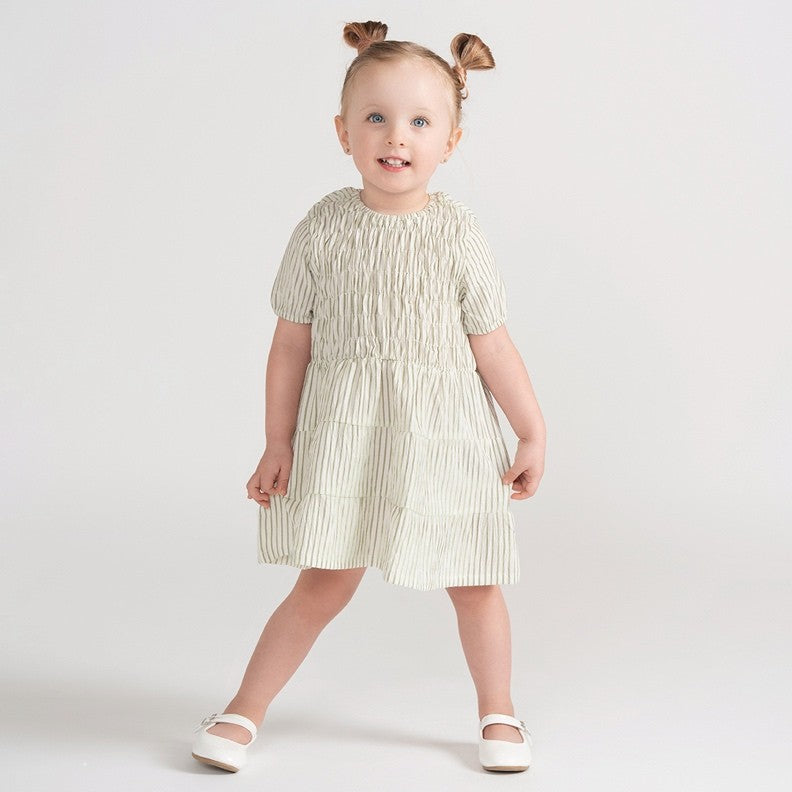 SHORT SLEEVES SMOCKED STRIPED DRESS