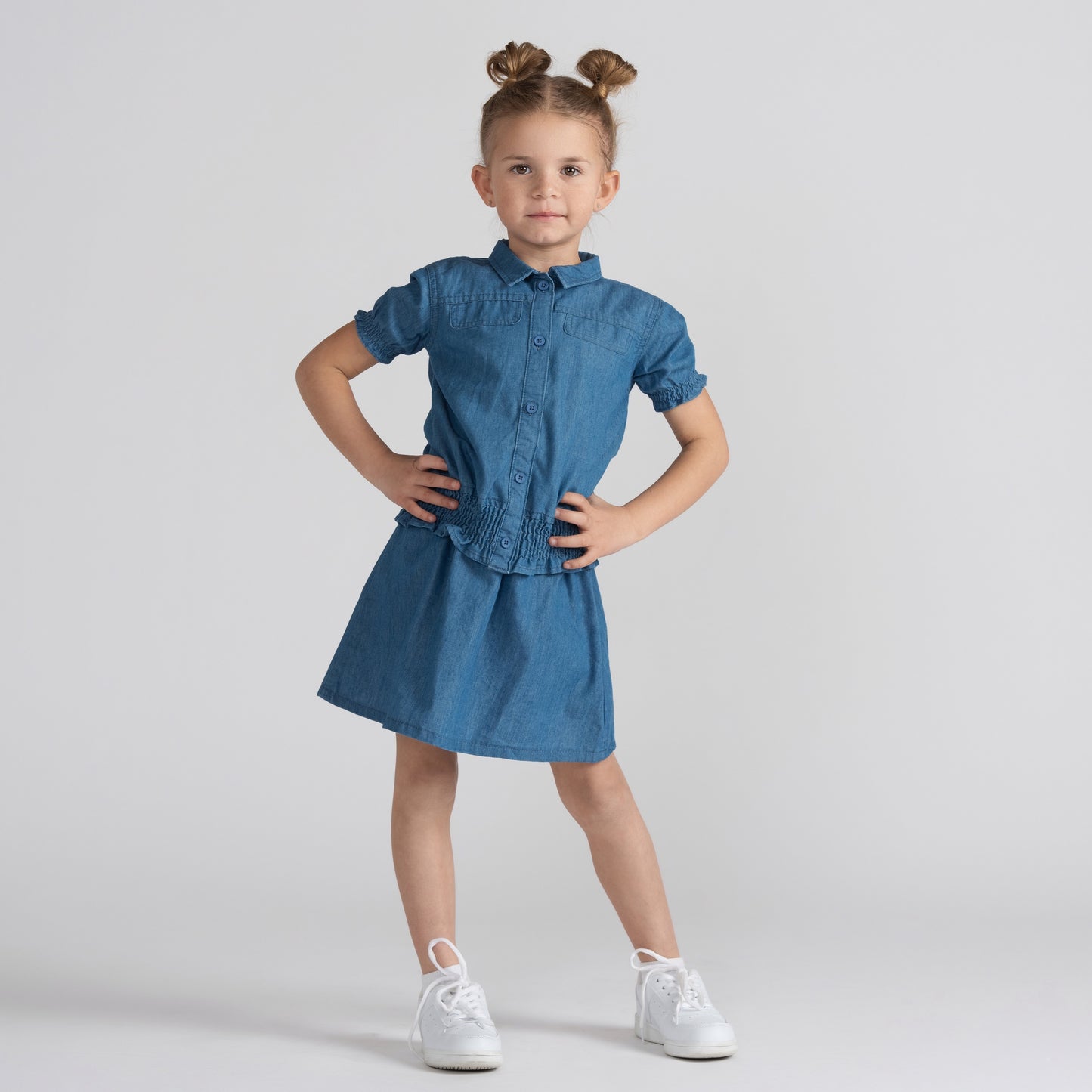SHORT SLEEVES DENIM SMOCKED TOP