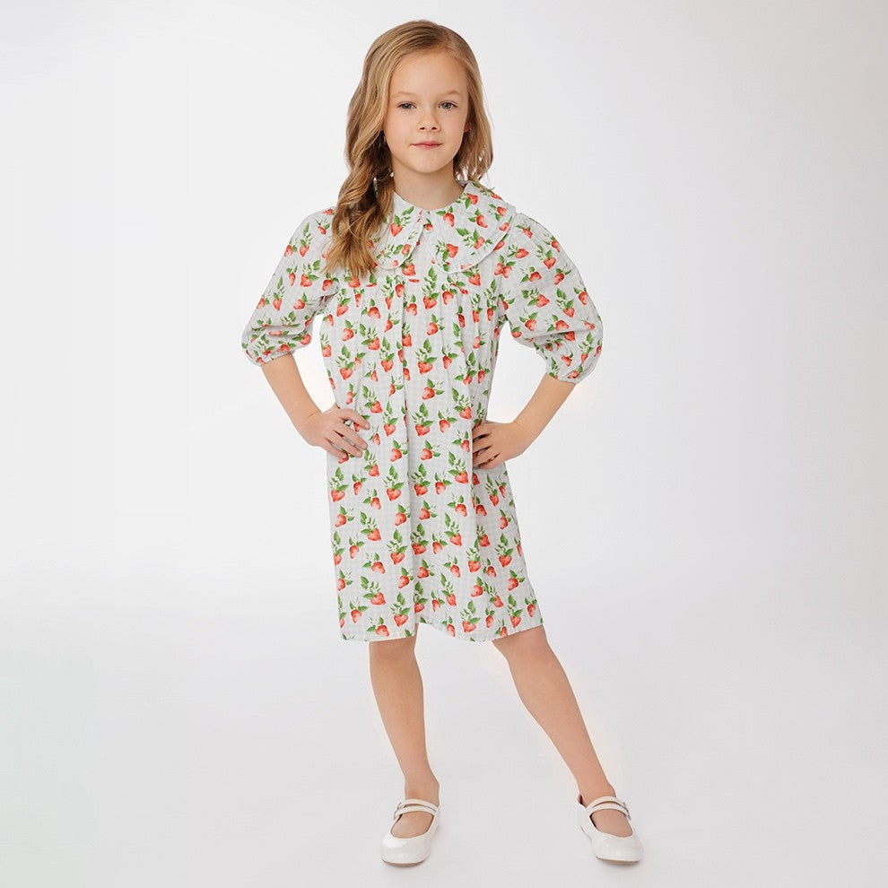 3/4 SLEEVES STRAWBERRY GINGHAM DRESS
