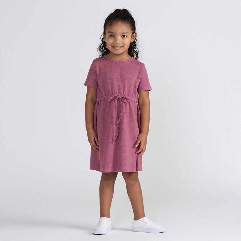 SHORT SLEEVES TEXTURED DRAWSTRING DRESS