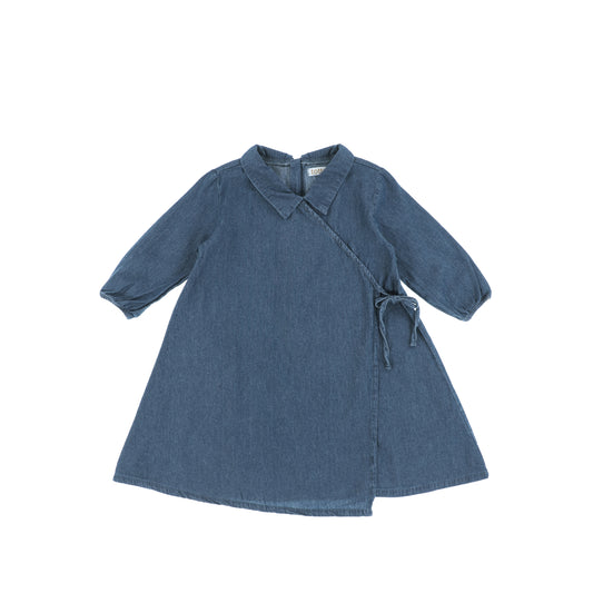 3/4 SLEEVES DENIM MOCK WRAP DRESS