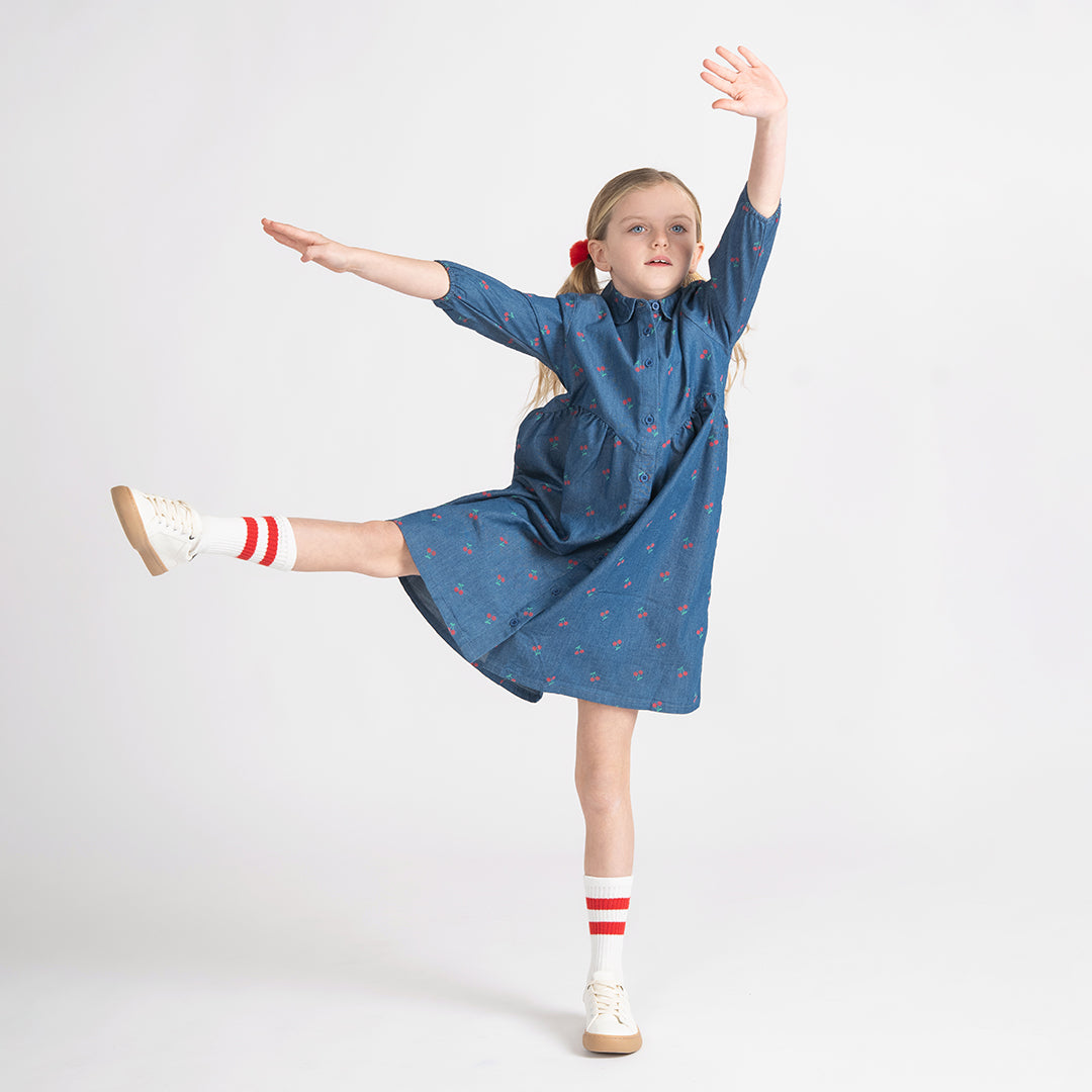 3/4 SLEEVES DENIM CHERRY DRESS