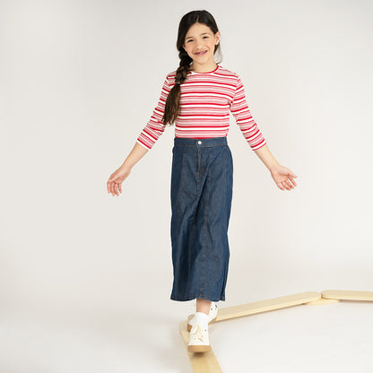 DENIM PANELED ALINE MAXI SKIRT