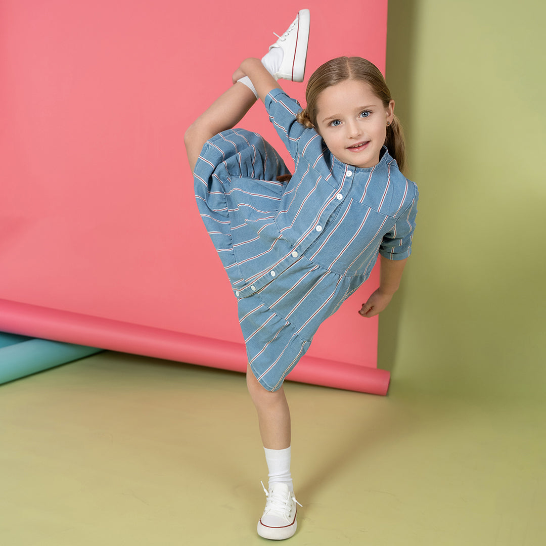 3/4 SLEEVES RED STRIPE TIERED DRESS