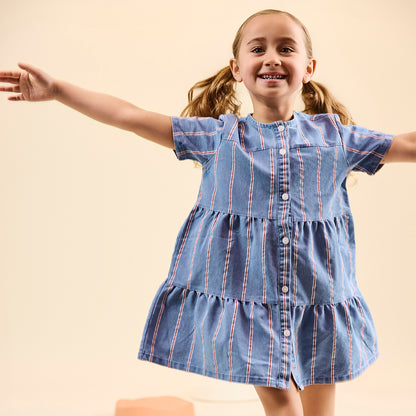 SHORT SLEEVES RED STRIPE TIERED DRESS