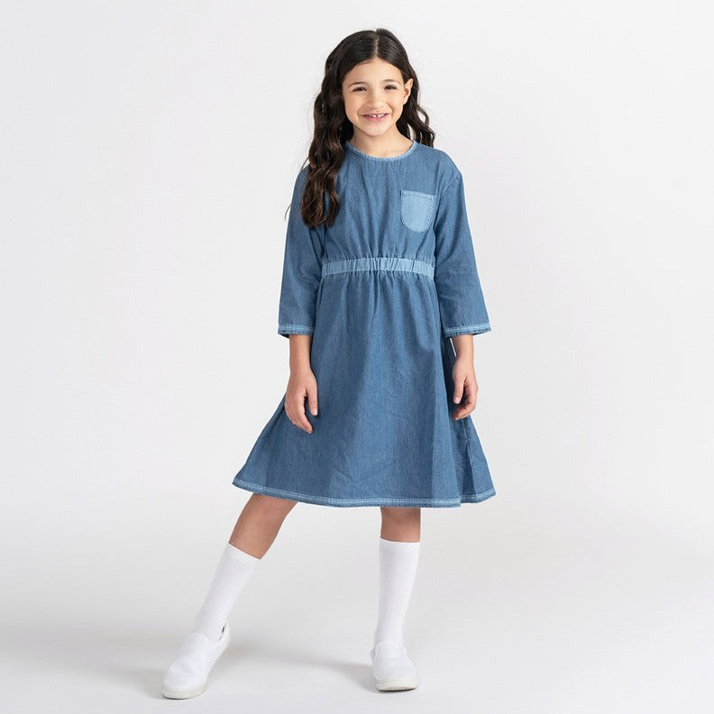 3/4 SLEEVES DENIM COLORBLOCK DRESS Blue / 3 3/4 SLEEVES DENIM COLORBLOCK DRESS Blue / 3