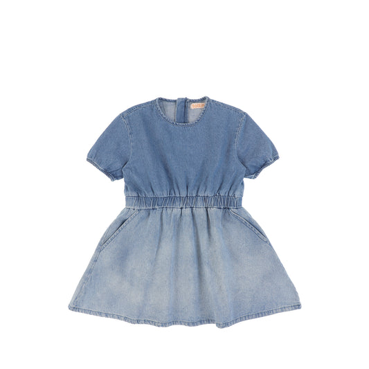 SHORT SLEEVES DENIM OMBRE WAISTED DRESS