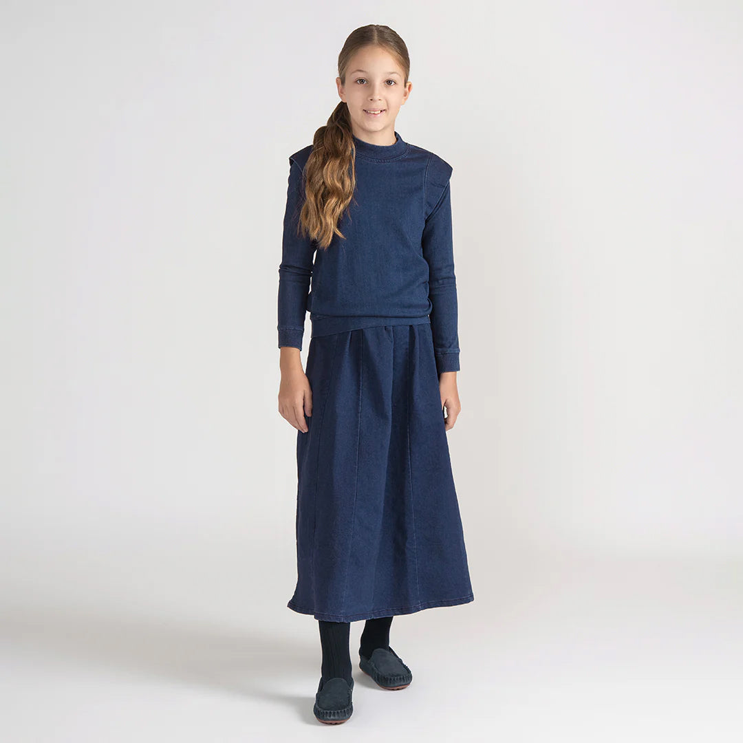 DENIM PANELED MAXI SKIRT