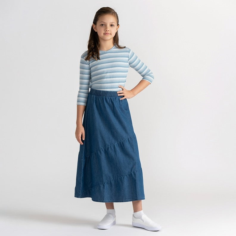 DENIM SLANT SEAM MAXI SKIRT