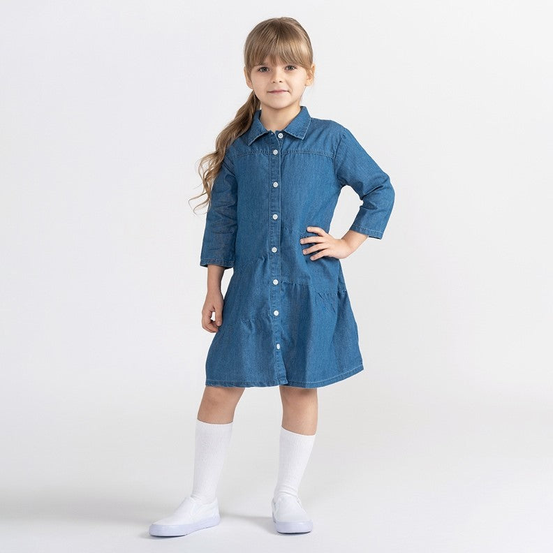 3/4 SLEEVES DENIM TIERED DRESS Medium Blue / 3 3/4 SLEEVES DENIM TIERED DRESS Medium Blue / 3