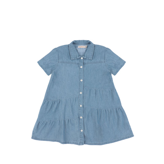 SHORT SLEEVES DENIM TIERED DRESS