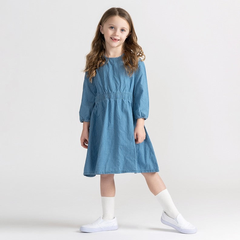 3/4 Sleeves Denim x Print Dress Light Blue / 3 3/4 Sleeves Denim x Print Dress Light Blue / 3