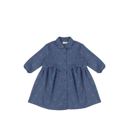 3/4 SLEEVES DENIM CHERRY DRESS