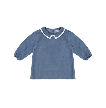 3/4 SLEEVES DENIM TRIM COLLAR TOP
