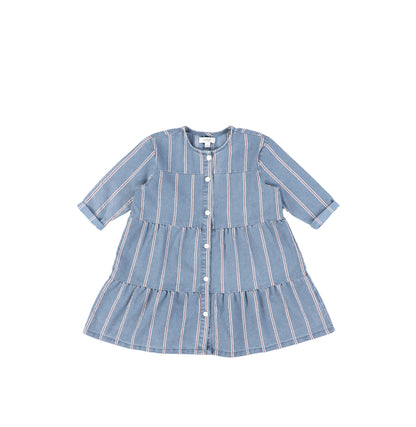 3/4 SLEEVES RED STRIPE TIERED DRESS